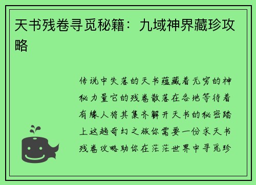 天书残卷寻觅秘籍：九域神界藏珍攻略